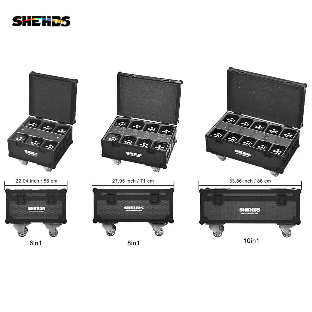 SHEHDS Rechargeable Flight Case For 6 / 8 / 10 pcs 6x18W 6in1 RGBAW+UV Wireless Remote Control Wifi Battery Uplight With Silent Wheels